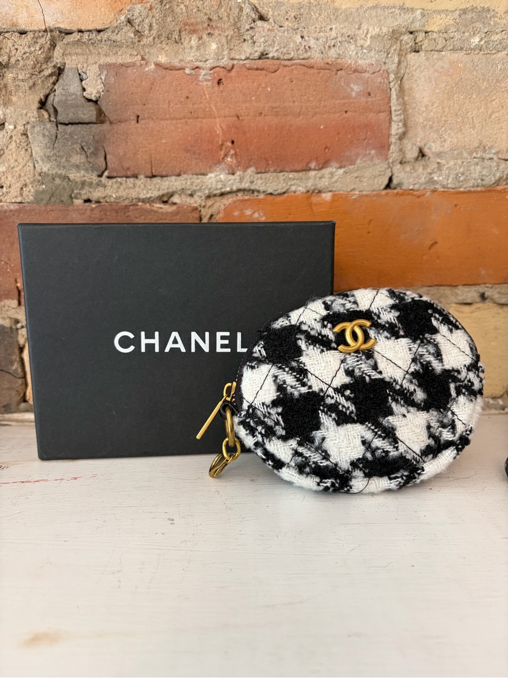 CHANEL Black & White Tweed Coin Pouch with Gold Hardware